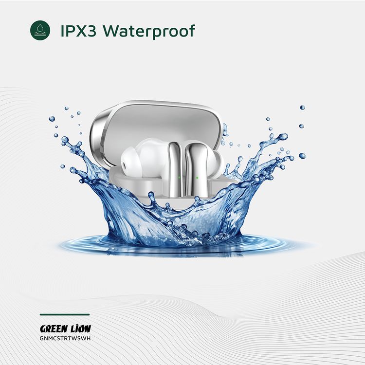 سماعات أذن لاسلكية حقيقية من جرين ليون مانشستر مصنوعة من مادة ABS، بطارية سماعات أذن 25 مللي أمبير/ساعة، بطارية حافظة 200 مللي أمبير/ساعة، إصدار بلوتوث 5.4، نطاق بلوتوث 12 مترًا، وقت استعداد 2000 ساعة، منفذ شحن من النوع C، وقت شحن 70 دقيقة، مقاومة للماء IPX3، تحكم باللمس - أبيض