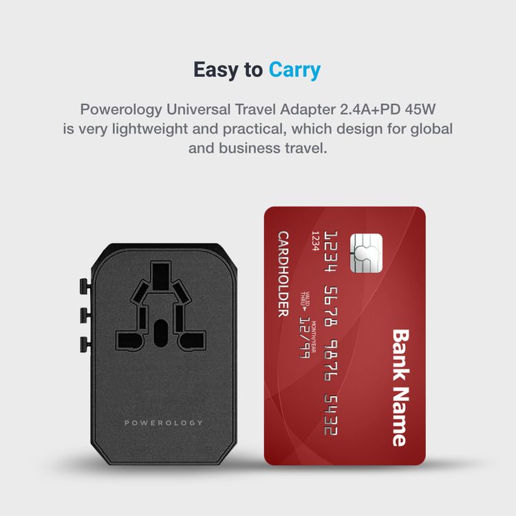 Powerology Universal Multi-Port Travel Charger with 45W Power Delivery, 8A Dual Fuse, Simultaneous Charging, Built-in Safeguards, Fast Charging, Active Protect - Black