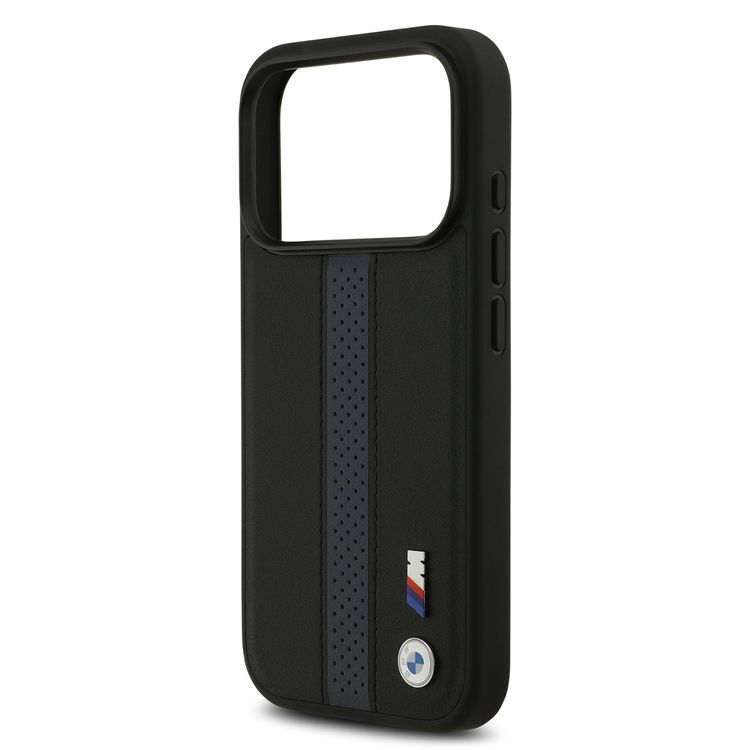 BMW PU Leather Case with Perforated Stripes & Metal Logos for iPhone 17 Pro, MagSafe Compatible, Sustainable Packaging, Drop Protection, Slim Profile, Easy Snap-On Design - Black / Blue