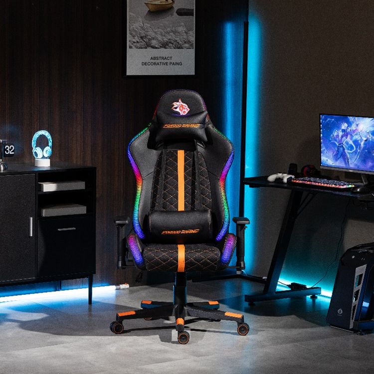 Porodo Gaming Ergonomic RGB Gaming Chair with Molded Foam Seat & 2D Armrest, 350mm Nylon Base, 60mm Wheels, Ergonomic Comfort Design, Adjustable Armrest, Built-in Speakers - Black / Orange