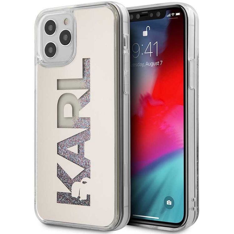 CG Mobile Karl Lagerfeld Liquid Glitter Case Mirror with Multicolor Glitter for Apple iPhone 12 / 12 Pro (6.1") Suitable with Wireless Chargers Officially Licensed - Silver