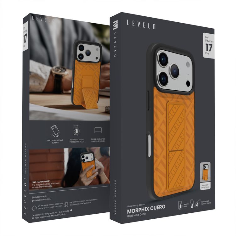 حافظة ليفيلو مورفيكس كويرو جريب ستاند لجهاز آيفون 17 برو، حواف مرتفعة للكاميرا والشاشة، ممتص للصدمات، تثبيت آمن، عرض أفقي وعمودي - برتقالي شروق الشمس.