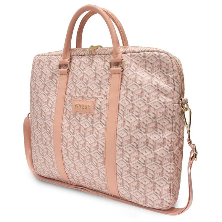 Guess Gcube Stripes Laptop Bag for Computer 16" with Synthetic Leather Material, 5 Pockets, Adjustable Shoulder Strap, Carrying Handles - Pink
