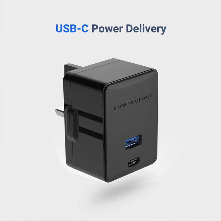 Powerology Ultra-Quick PD Charger with USB-A to USB-C Cable, Simultaneous Charging, 36W Total Output, UK 3-Pin Plug, 0%-60% Charge in 35 Minutes, Fast Charging Support, PowerDash 3.0 - Black