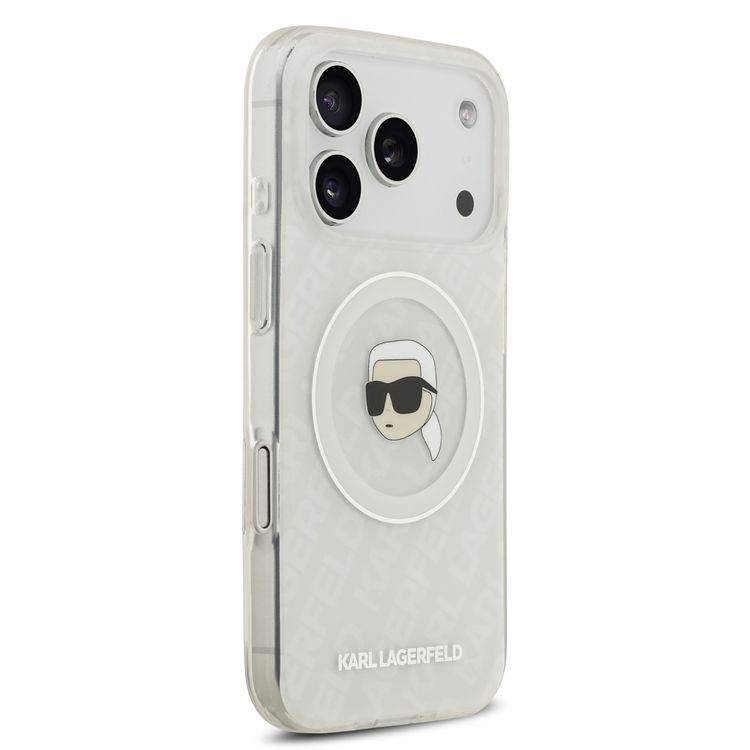 غطاء Karl Lagerfeld MagSafe IML Glitter & KL Repeated مع رأس كارل لجهاز iPhone 17 Pro، ذو تصميم نحيف، حماية من السقوط، سهل التركيب، تعبئة مستدامة، قبضة مريحة، تصميم خفيف الوزن - أبيض