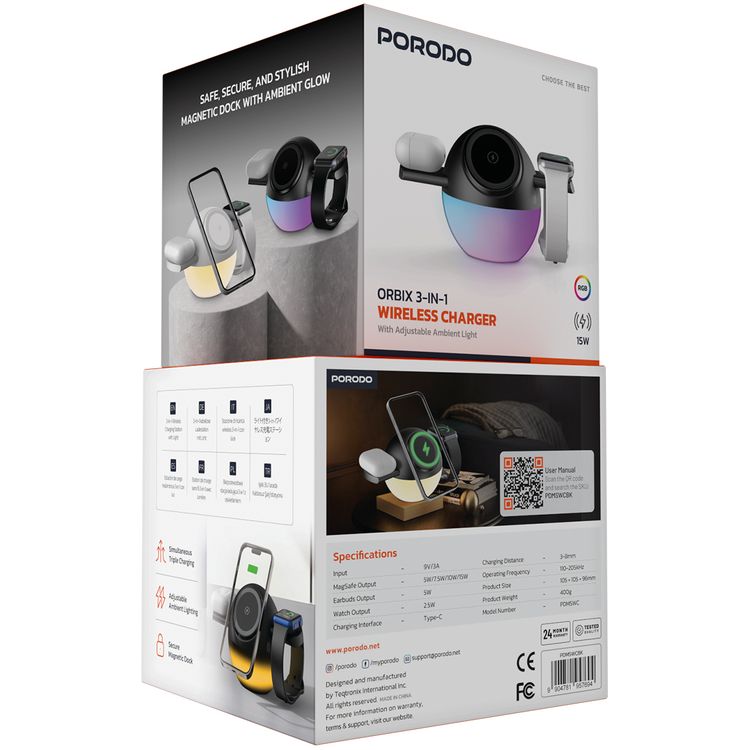 Porodo Orbix 3-in-1 Wireless Charger with Adjustable Ambient Light, 3-8mm Charging Distance, 15W Wireless Fast Charging, 5W Earbuds Output, 2.5W Watch Output, Type-C Charging Interface, Secure Magnetic Dock - Black