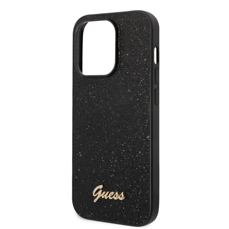 Guess PC/TPU Glitter Flakes Case with Script Metal Logo iPhone 14 Pro Compatibility - Black
