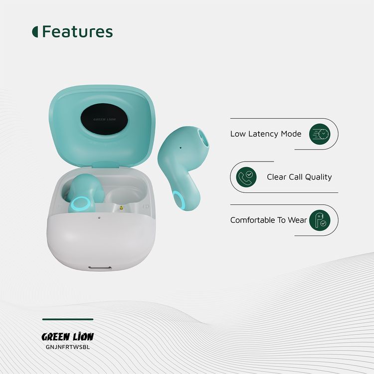 Green Lion Jenifer True Wireless Earbuds TWS, Touch Control, Voice Assistant, Breathing Lights, Clear Call Quality - Sky Blue