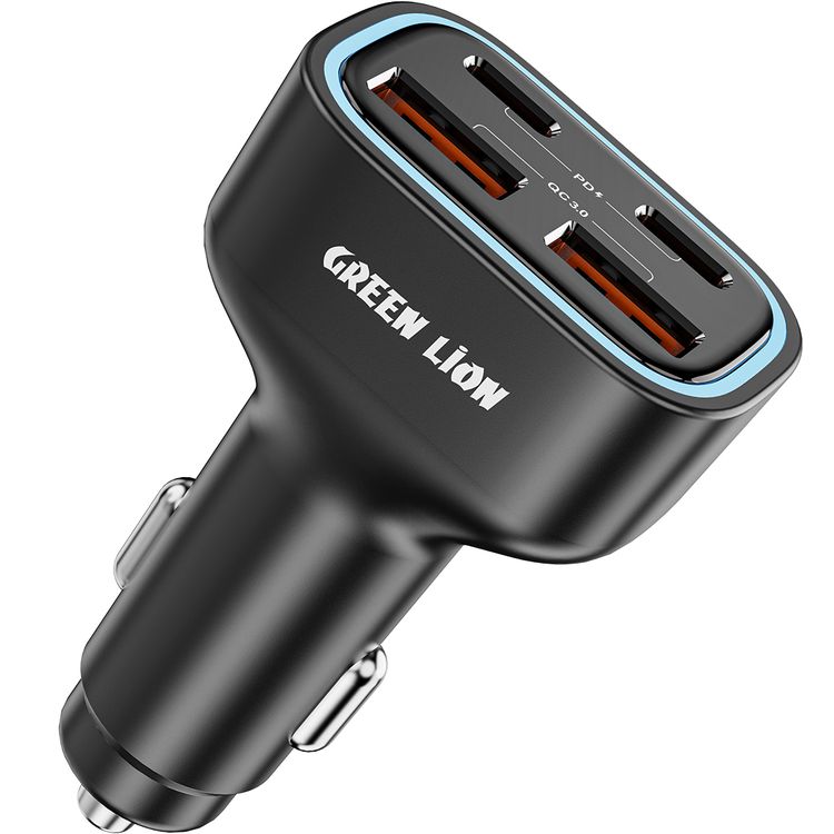 Green Lion Quad Port Car Charger with PD 35W, QC 3.0 35W, 2× USB-A & 2× USB-C Ports, PC Material, Compact Design, Charging Protection, Fast Charge Support - Black