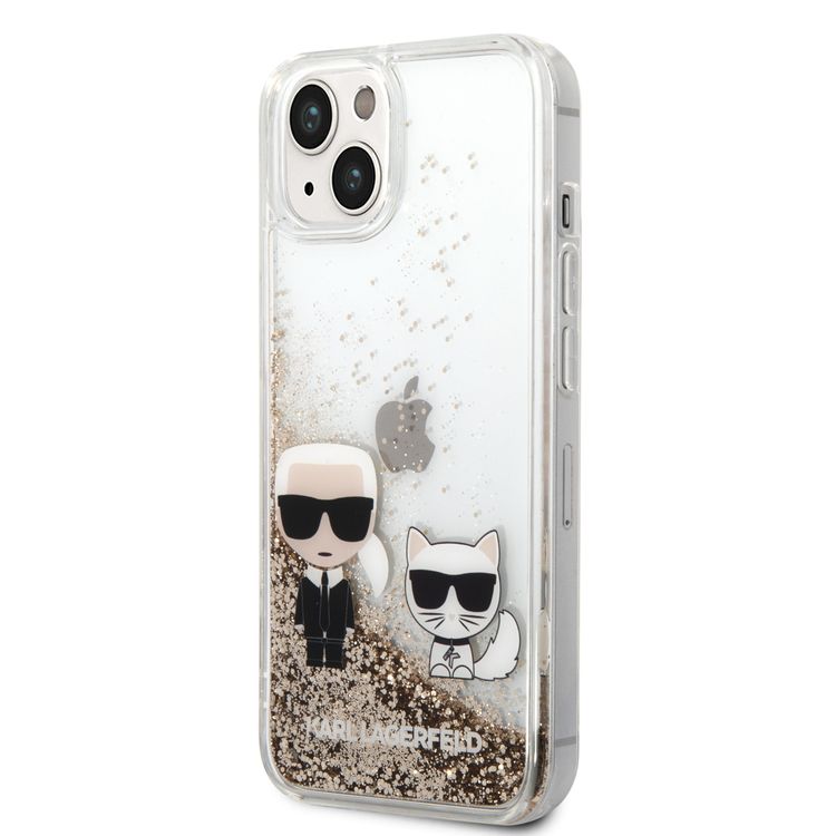 Karl Lagerfeld Liquid Glitter Silicone Case Karl and Choupette Protector iPhone 14 Compatibility - Gold