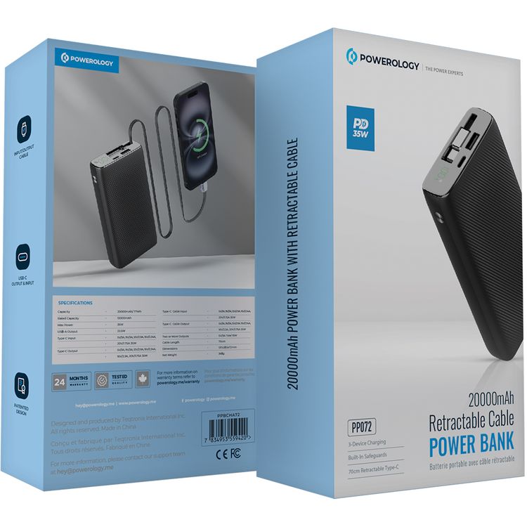 Powerology 20000mAh Power Bank, 35W Max Power, 70cm Retractable Type-C Cable, 3-Device Charging, USB-C Output & Input, 22.5W USB-A Output, Built-in Safeguards - Black