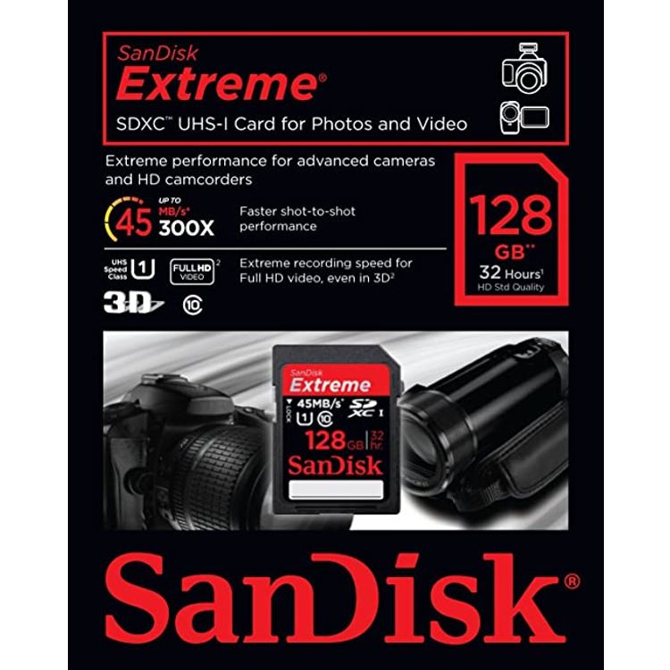 SanDisk SDSDX-128G-X46 Extreme SDXC UHS-I Class 10 Memory Card up to 45MB/s read - 128 GB - Black