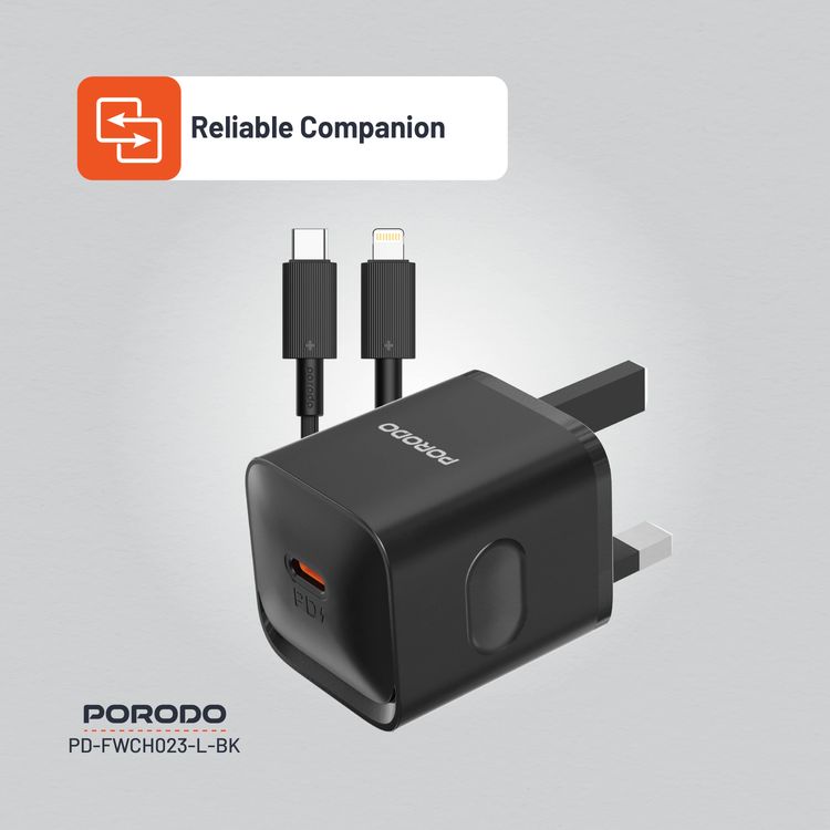 Porodo شاحن حائط بقوة 20 واط (UK) مع كابل Type-C إلى Lightning، حماية من الحرارة الزائدة، محمول - أسود