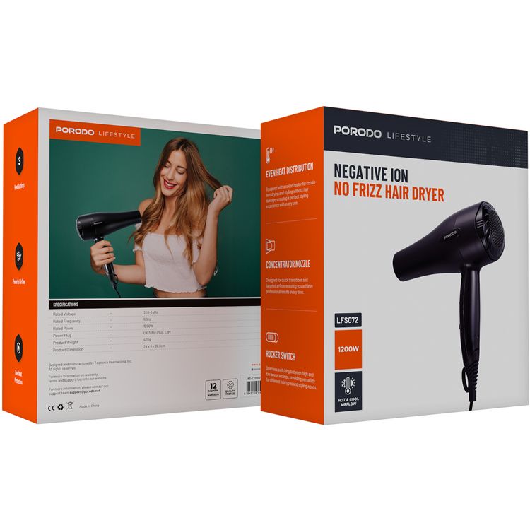 Porodo Lifestyle 1200W Hair Dryer with 1.8m Cable Length, Concentrator Nozzle, Rocker Switch, Overheat Protection, Powerful Airflow, UK 3-Pin Plug - Black