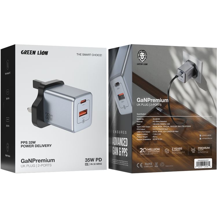Green Lion GaNPremium UK Plug Wall Charger with 35W Power Delivery, 0%-50% Charge in 30 Minutes, PC Flame Retardant Material, Multiple Protection, USB-C & USB-A Ports - Gray