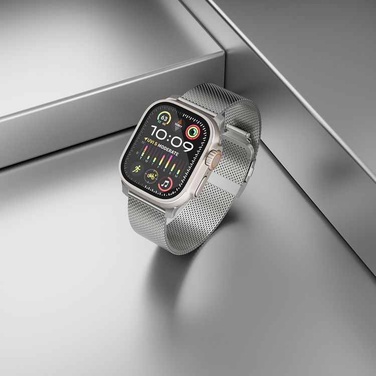 Levelo Ferra Milanese Watch Strap with Adjustable Length, Compatible with 49/46mm Smartwatches & Apple Watch SE, Series 9, 8, 7, 6, 5, Hypoallergenic Material, 24/7 Wearability, Water-Resistant, Anti-Oxidation Technology - Titanium