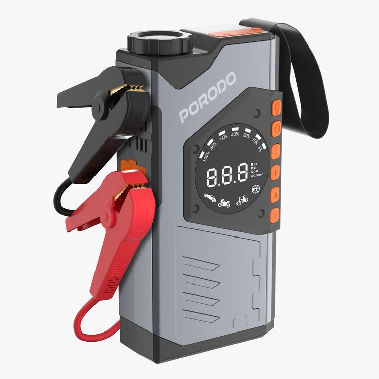 Porodo Volt Boost 3-in-1 Jump Starter with 10000mAh Compact Utility Tool, Air Inflator, Power Bank, Flashlight, ABS & PC Material, 2 Hours Charging Time, 6L Gasoline Engine, 8L Diesel Engine, 1200A Peak Current, Fast Charging Power Bank Technology, Digital Display - Gray