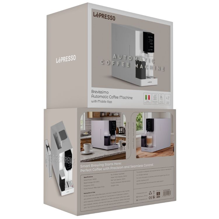 LePresso Automatic Coffee Machine with Mobile Application, 1200mL Water Tank & 300mL Milk Tank Capacity, 1480W Rated Power, Adjustable Grinder, Dual-Boiler, 4.3" Digital Display - White