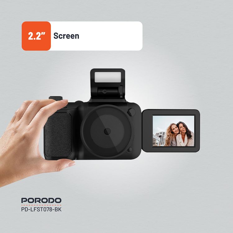 Porodo Lifestyle Mini Digital Camera with 64GB Memory Card, 650mAh Battery Capacity, 180° Flip Screen, 3 Hours Working Time, 2.2" Screen, 16× Zoom, 4K Video, 2.5 Hours Charging Time - Balck 