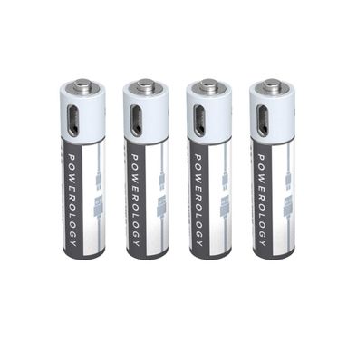 Powerology USB Rechargeable Battery, Reusable USB Lithium-ion Battery with Micro USB Cable - White (AA (1500mAh / 2250mWh), 4pcs/pack)