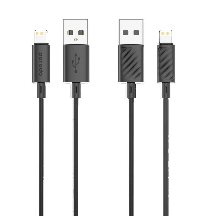 Porodo Blue USB-A to Lightning Charging Cable with 480Mbps Data Transfer, 3A Fast Charge, Flexible Material, Universal Compatibility - Black 