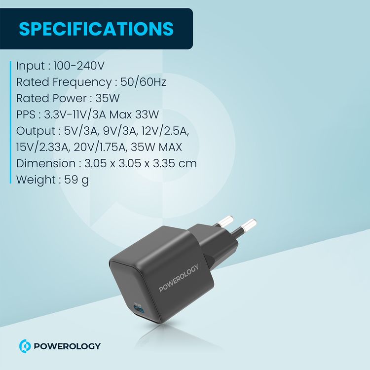 شاحن Powerology 35W Ultra-Quick GaN مع قابس الاتحاد الأوروبي، منفذ إخراج USB-C، شحن سريع، تصميم محمول ومضغوط، حماية مدمجة، مدخل 100-240 فولت - أسود