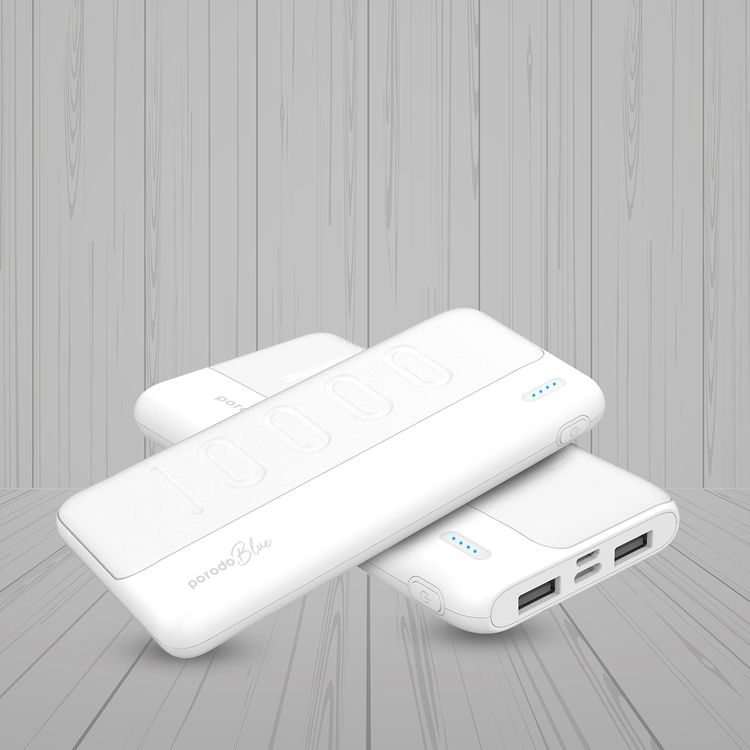 Porodo Blue 10000mAh Slim Power Bank with Dual USB-A Output, Lightweight & Compact Design, Type-C Input, LED Indicator - White