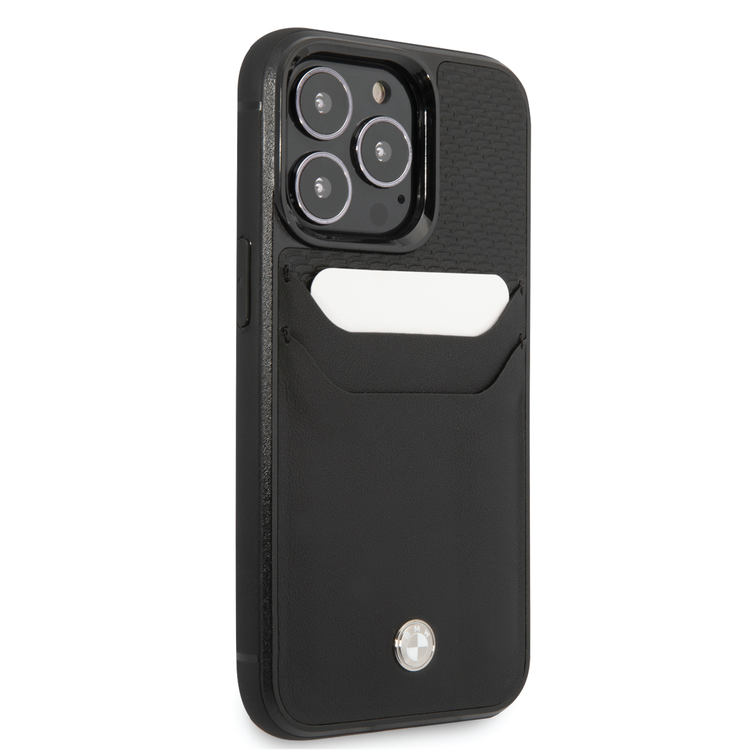 BMW Signature Collection Genuine Leather Case With Cardslot Embossed Pattern - iPhone 14 Pro Max - Black