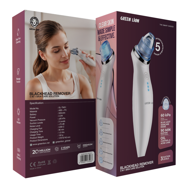 Green Lion BlackHead Remover with 5-in-1 Skin Care Solution, 2.2W Power, 3 Suction Levels, 5 Interchangeable Heads, 1.5 Hours Usage Time, Oil & Acne Control, Massage Function, LED Indicator, Deep Pore Cleansing - White