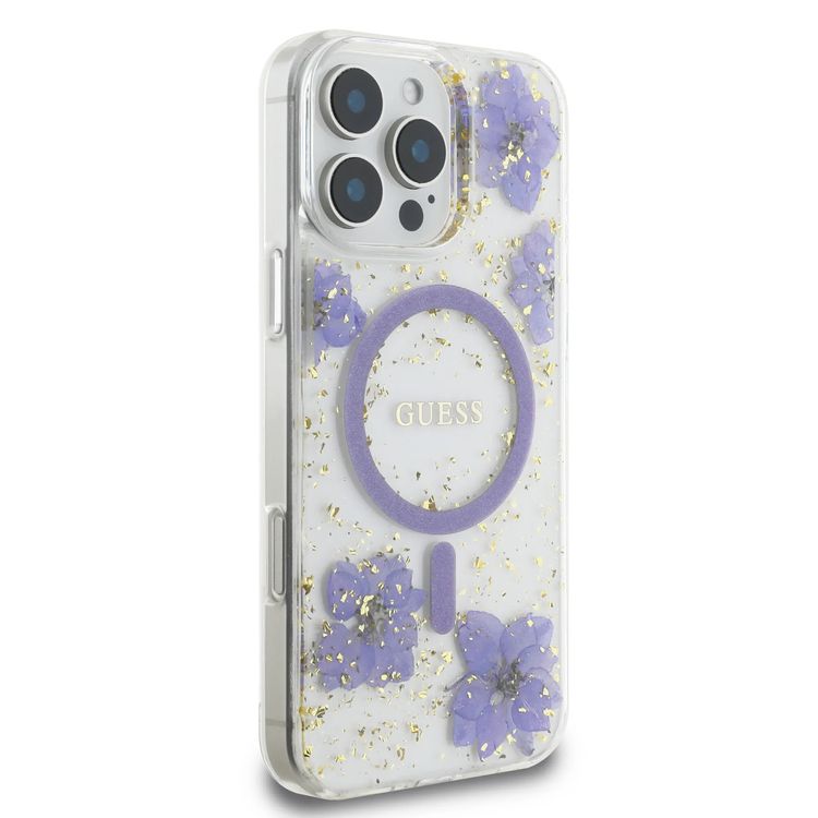 Guess MagSafe Hard Case with Resin Flowers Design for iPhone 16 Pro Max, Drop protection, Comfortable Grip - Purple