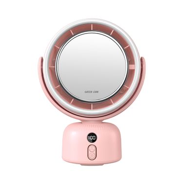 Green Lion Makeup Mirror with Fan, 5 Levels Fan Speed & 3 Light Modes, Up to 11 Hours Working Time, USB-C Charging Port, Adjustable Rotation, Digital Display, Anti-Slip Base, 51 LED Lights, 5400mAh Battery - Pink