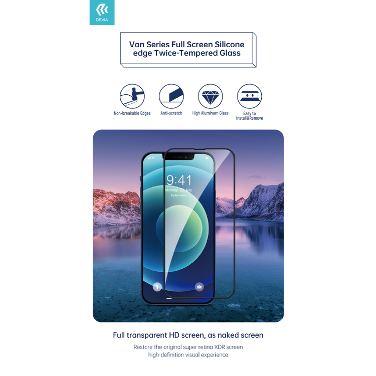 Devia Van Series Full Screen Silicone Edge Twice-Tempered Glass Compatible for iPhone 13 Pro Max (6.7") Easy Installation, Anti-Scratch , Screen Guard with Alignment Frame, Full Coverage Screen Protector