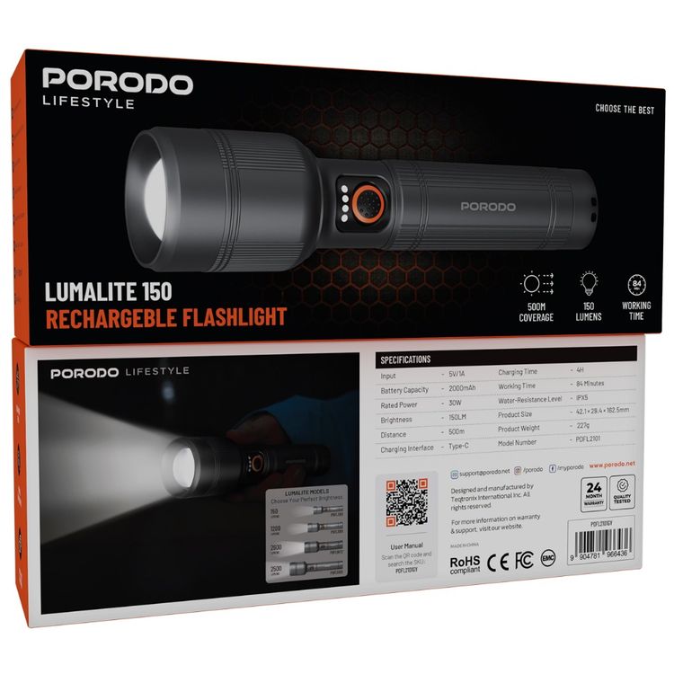 Porodo Rechargeable Flashlight with 500m Coverage, 150 Lumens Brightness, 2000mAh Battery Capacity, Type-C Charging Port, 84 Minutes Working Time, 4 Hours Charging Time, 500m Beam Distance, Multiple Mode Operation - Gray 