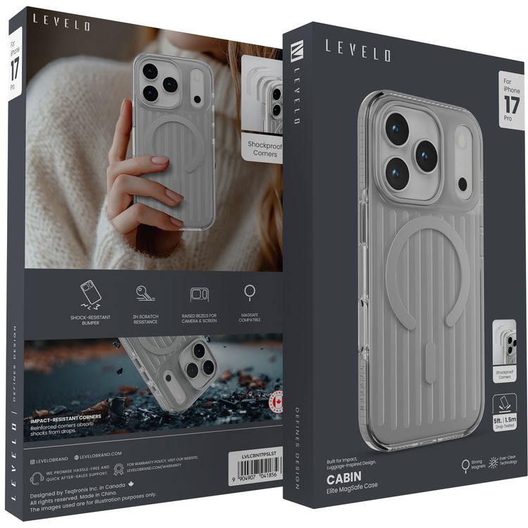 حافظة Levelo Cabin Elite MagSafe لجهاز iPhone 17 Pro، زوايا مقاومة للصدمات، حواف مرتفعة للكاميرا والشاشة، مقاومة للخدوش بدرجة 2H، مغناطيسات قوية، تقنية الوضوح المستدام، مصد مقاوم للصدمات، اجتازت اختبار السقوط - سيلفرستون