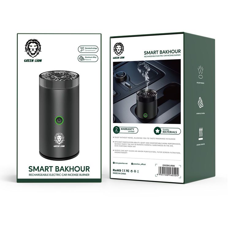 Green Lion Smart Bakhour Electric Car Incense Burner with Rechargeable Battery, Aluminum Alloy Material, Ultrasonic Atomization, Compact & Portable - Black