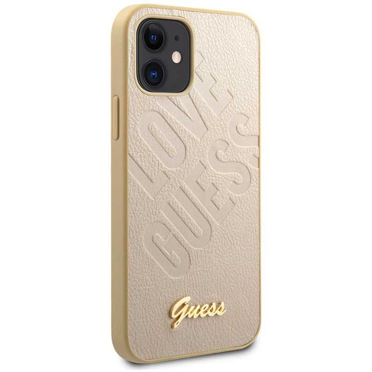 CG MOBILE Guess PU Iridescent "LOVE" Debossed Phone Case with Metal Logo Compatible for iPhone 12 Mini (5.4") Drop Protection Mobile Case Officially Licensed - Light Gold