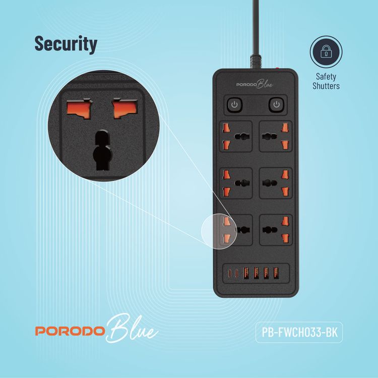 Porodo 6AC-Dual Switch Universal Power Strip with Premium Material, Power Switch Control, Safety Shutter, 13A Maximum Current - Black  