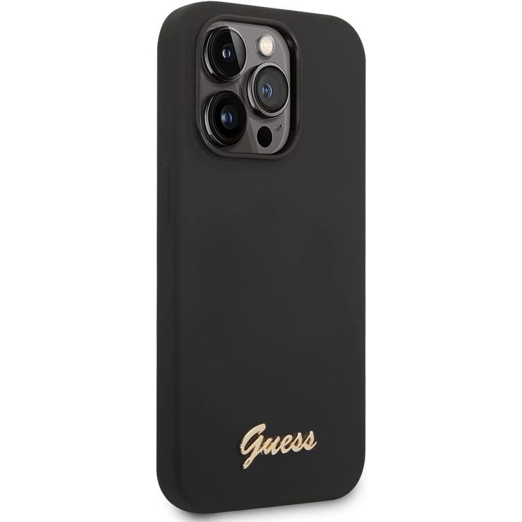 Guess Liquid Silicone Case With PC Camera Outline & Script Metal Logo - iPhone 14 Pro Max - Black