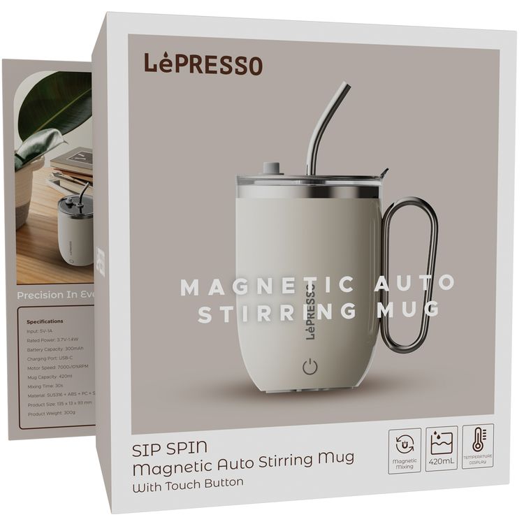 LePresso Sip Spin Magnetic Auto-Stirring Mug with Touch Button, 420mL Capacity, 300mAh Battery, 30s Mixing Time, USB-C Charging Port, Leak-proof Lid, Thermal Insulation, Durable & Easy-to-Clean Design - White