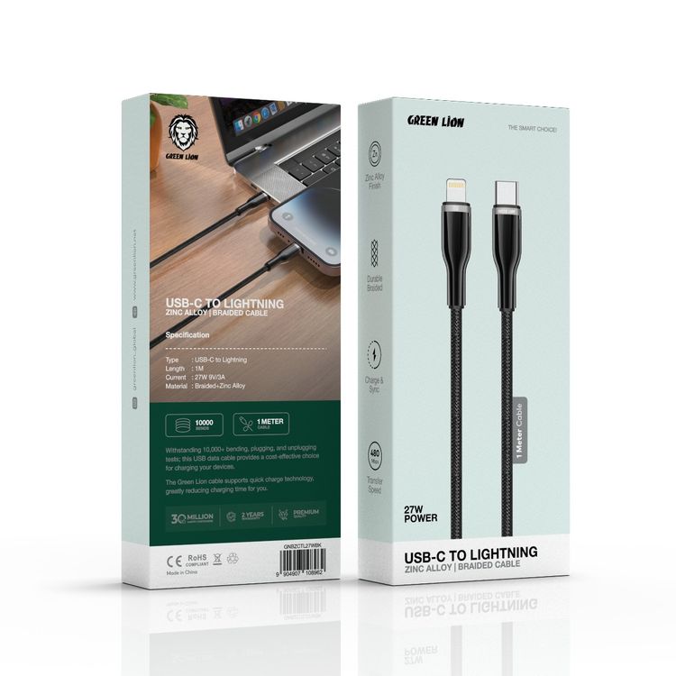 Green Lion 27W USB-C to USB-C Braided Zinc Alloy Cable, 1m Cable Length, 480 Mbps Transfer Speed, Charge & Sync - Black