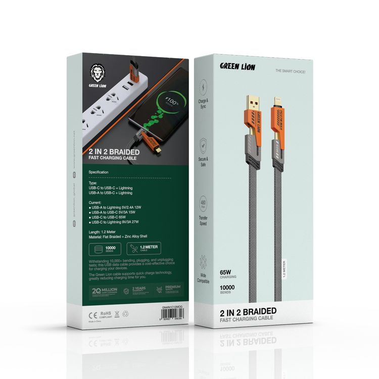 Green Lion 2-in-2 Braided 65W Fast Charging Cable with 1.2m Length, 480Mbps Data Transfer Speed, 10000 Bends Lifespan, Charge & Sync, Secure & Safe, Wide Compatibility - Orange