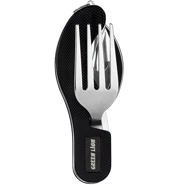 Green Lion 4 in 1 Cutlery Set with Innovative Design, Lightweight & Compact, Easy to Use, Spoon, Fork, Knife, Bottle Opener - Black