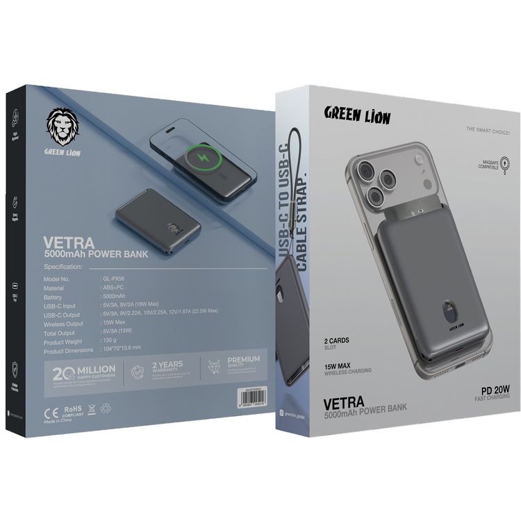 Green Lion Vetra 5000mAh Power Bank with USB-C to USB-C Cable Strap, 20W Power Delivery, Fast Charge Support, MagSafe Compatible, Multiple Protection - Gray