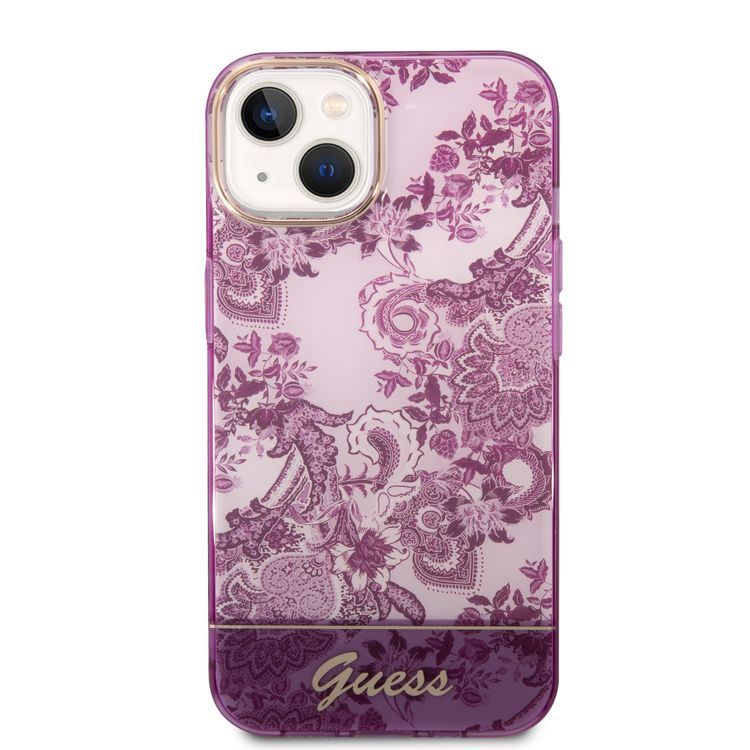 Guess PC/TPU IML Case With Double Layer Electroplated Camera Outline & Toile De Jouy - iPhone 14 - Fuchsia