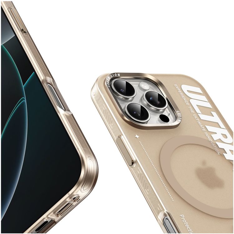 Green Lion Ultra MagSafe Case for iPhone 16 Pro Max, Ultra-Shockproof, Anti-Scratch Edge, Anti-Fingerprint, Powerful Attraction, Creative Sport Style - Beige