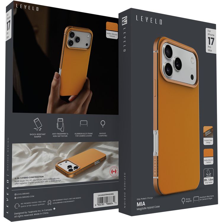 Levelo Mia MagSafe Hybrid Case for iPhone 17 Pro Max, N52 Strong Magnets, Matte Silicone Texture Material, Frosted Clear Design, 1.5m Drop Tested, Aluminum Alloy Frame for Camera & Edges, Non-Slip Texture, Comfortable Grip, Shock-Resistant Bumper - Sunrise Orange