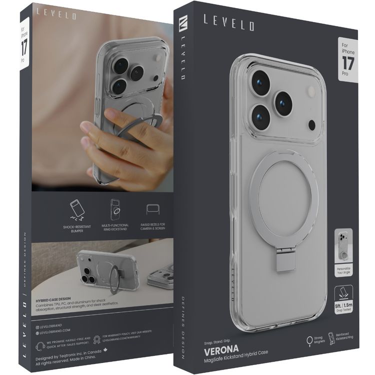 Levelo Verona MagSafe Kickstand Hybrid Case for iPhone 17 Pro, TPU, PC & Aluminum Material, Drop-Tested, Raised Bezels for Camera & Screen, Shock-Resistant Bumper, Multi-Functional Ring Kickstand - Transparent