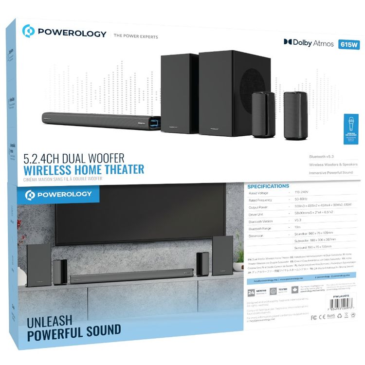 Powerology 5.2.4CH Home Theater Soundbar with Dolby Atmos, Wireless Subwoofer & Wireless, TV (ARC) Input, USB & AUX Port, Remote Control, LED Display - Black