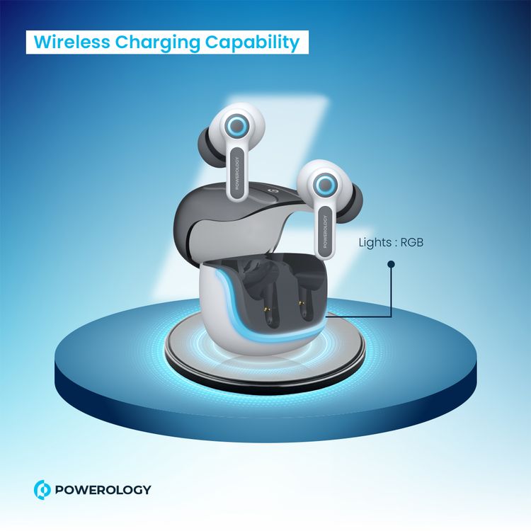 سماعات أذن لاسلكية Powerology Quad Mic ENC True، وقت تشغيل يصل إلى 6 ساعات، بلوتوث 5.3، شحن من النوع C، مسافة نقل 10 أمتار، أضواء RGB - أبيض