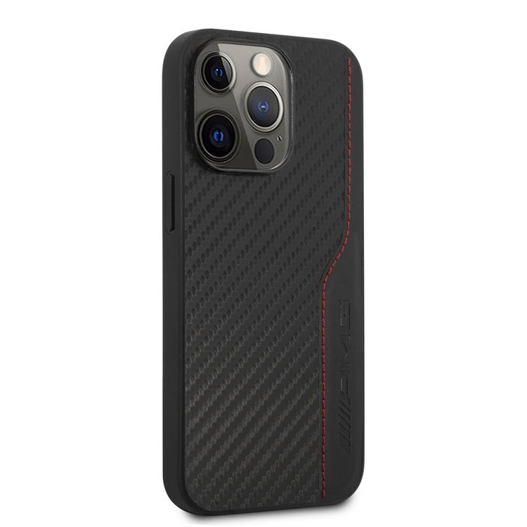 CG MOBILE AMG Hard Case with PU Carbon Effect Leather & Red Stitching Line Hot Stamped Logo Compatible for iPhone 13 Pro (6.1")) Easy Access to All Ports